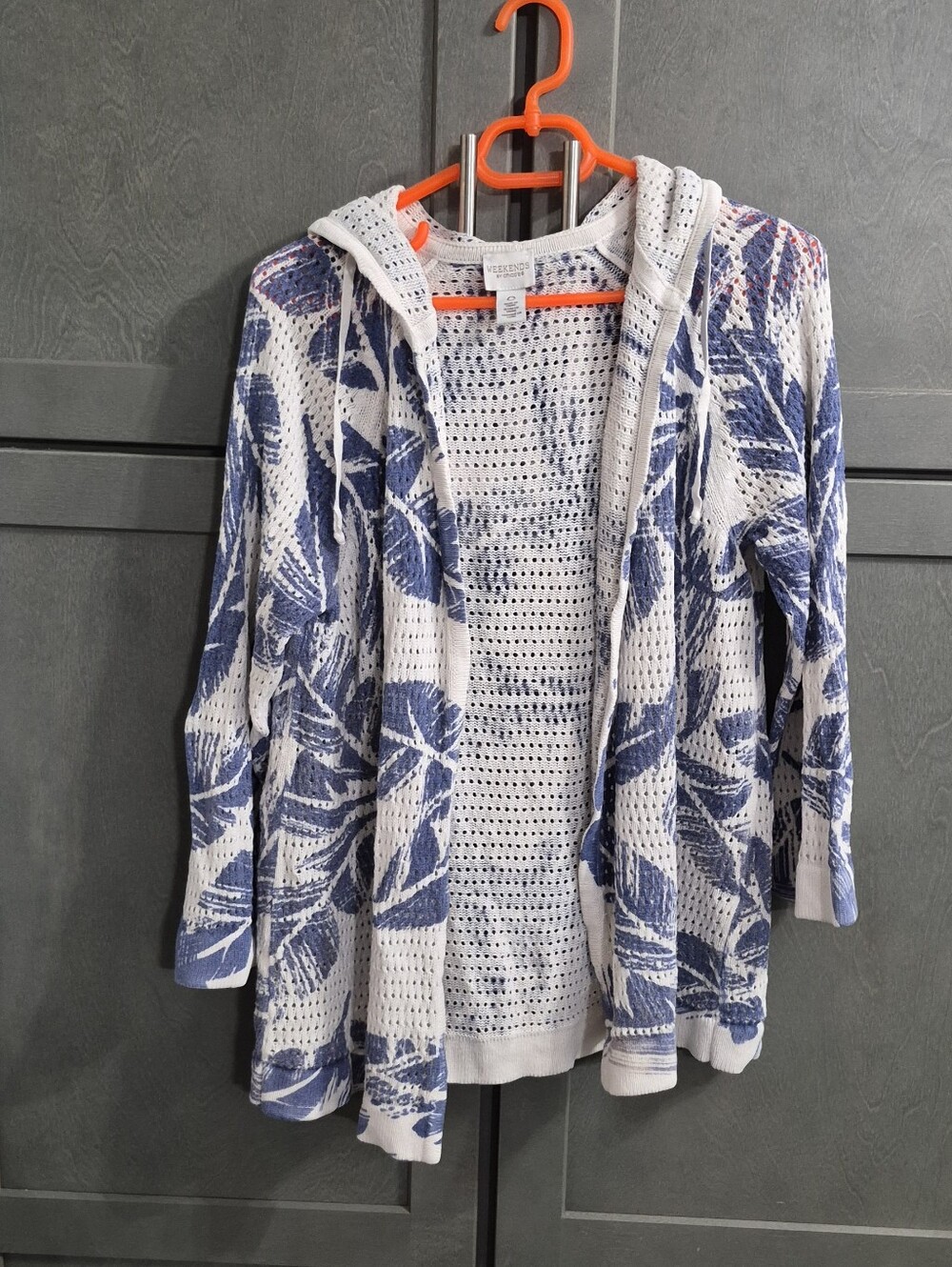 Chico's Weekends White and Blue Open-Weave Hooded Cardigan